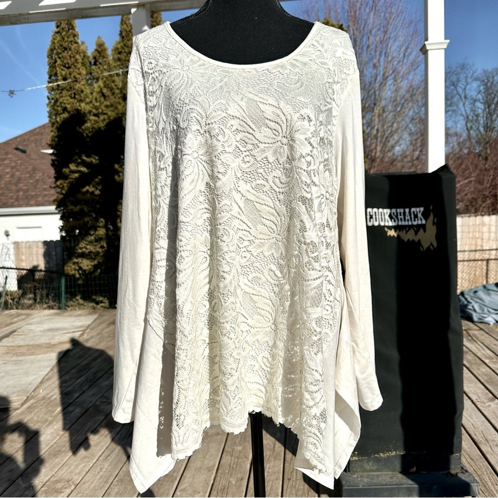 GNW Lace Front Tunic Shirt Women’s Sz 1X Ivory L. Sleeve Pullover Asymmetric Hem